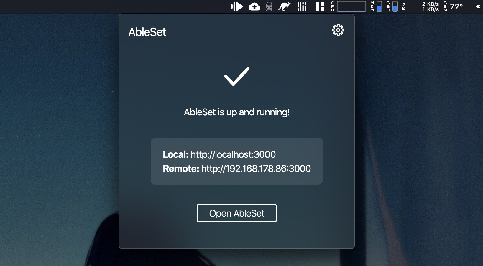 AbleSet running in the tray